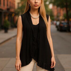 ALICE + OLIVIA Black Wool Cardigan Sweater Vest M Long Duster Shaggy Fringe RARE